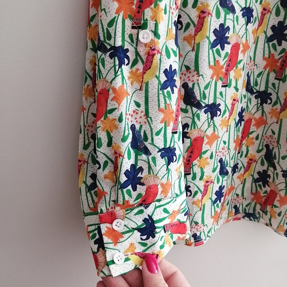 Alice + Olivia Bird and Floral Print Colourful Silk Button Blouse Small - Picture 5 of 16